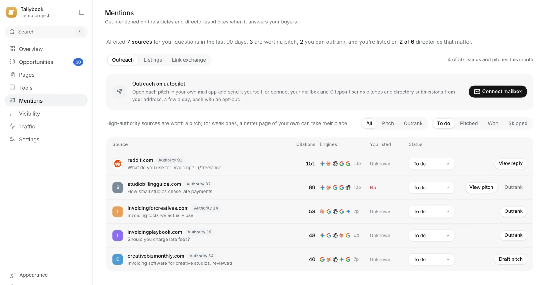 Citepoint’s Mentions: the sources AI cites, each with its authority and whether to pitch it or outrank it.